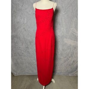 David's Bridal Size 14 Red Beaded Satin Maxi Slip Dress Formal Glam